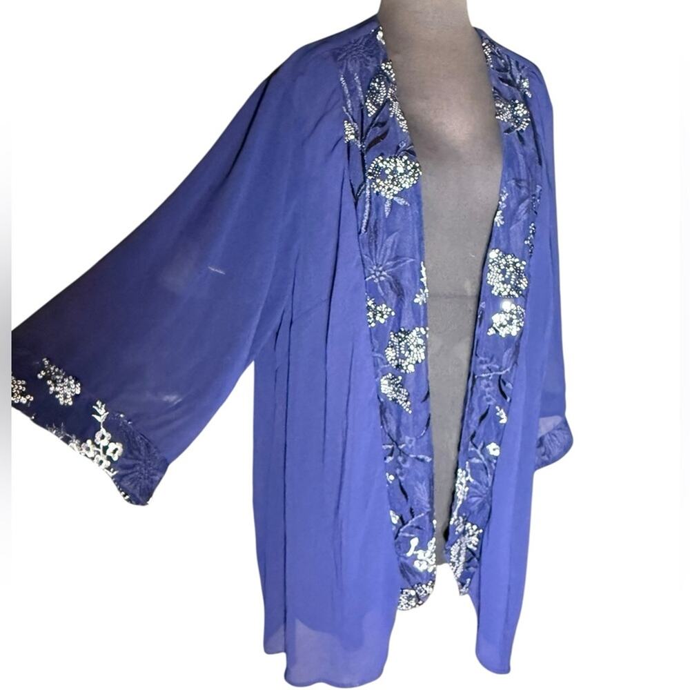 Vtg 90s Navy Floral Embroidered Glam Kimono Jacket Womens Size 26W Event